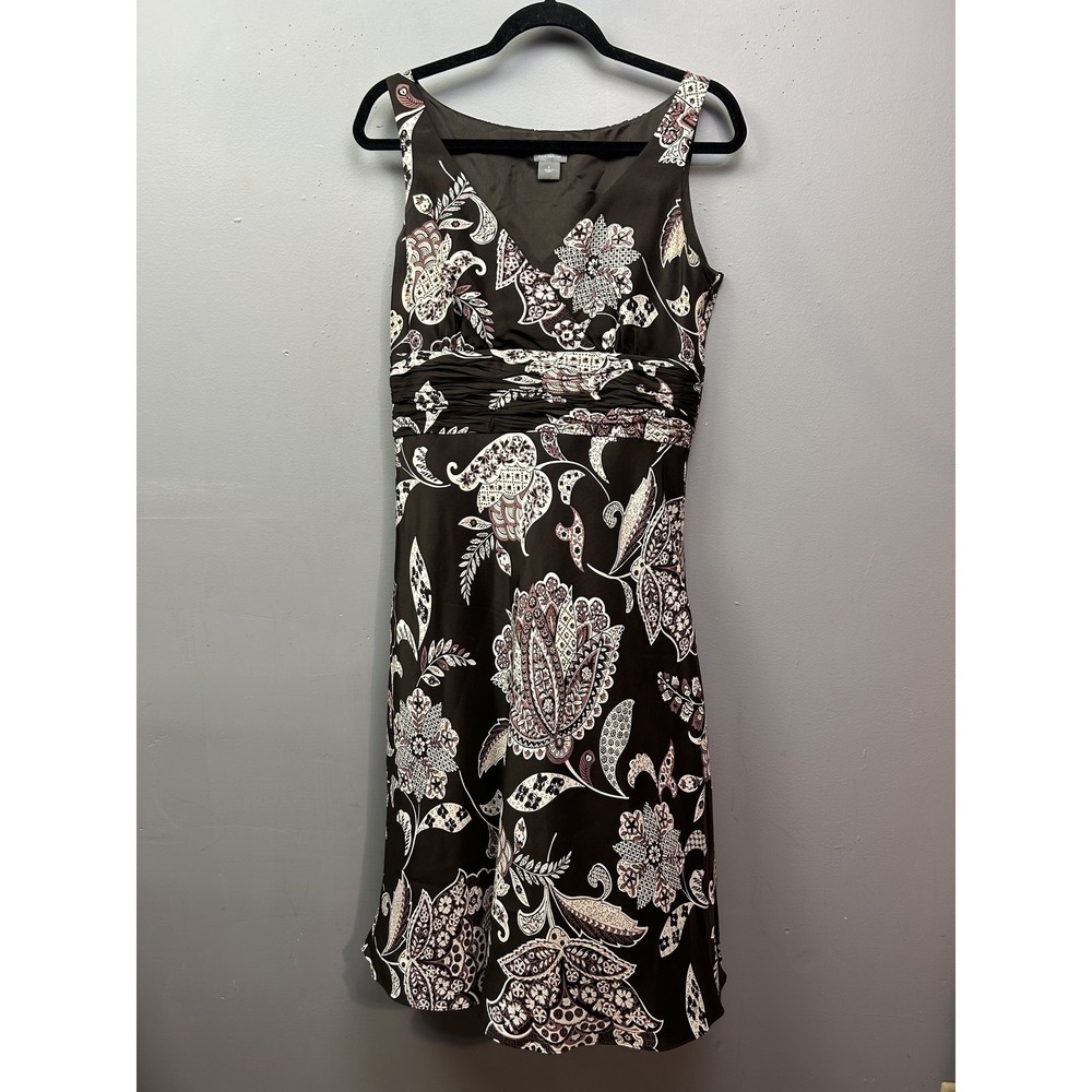 Ann Taylor Dress Womens 8 Brown Paisley Floral V-Neck Pleated Waist Sheath 11460